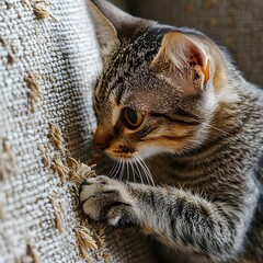 Closeup portrait of a domestic cat resting comfortably on a textured wall in a cozy indoor setting. The feline has alert, curious expression with focused eyes, whiskers, and soft fur.