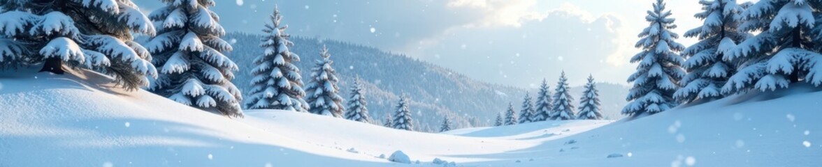 Fototapeta premium Snowdrifts and pine trees in a winter wonderland, snowdrift, winter scenery, snowflakes