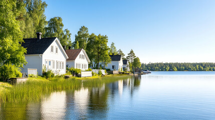 Obraz premium Lakeside cottages in summer, calm water reflection, tranquil scenery, perfect for postcards, vacation