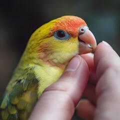 Close-up portrait of a vibrant, exotic parrot being held and cared for by a human hand. The parrot has vibrant plumage, a curved beak, and a curious expression.