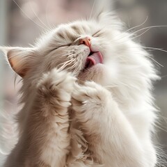 Close-up Portrait of Adorable Fluffy White Cat Kitten with Peaceful and Focused Facial Expression, Soft and Cuddly Feline Pet Appearing Content and Relaxed in Cozy Indoor Setting