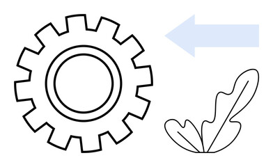Gear and arrow symbolizing technology progress with a leaf indicating nature. Ideal for innovation, sustainability, environment, progress, mechanics, industrial design, and eco-friendly concepts