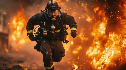 Fireman with mask uniform running out from a fire explosion. Fireman in front of burning open flames.