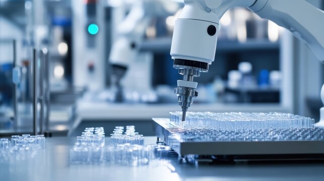 A closeup of automated robotic arms expertly assembling chemical compounds on a clean sterile lab surface with precision instruments in the background capturing the nexus of technology