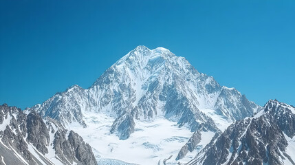 Majestic snow-capped mountain peak against a clear blue sky, inspiring view of nature, perfect for wallpaper or travel brochure