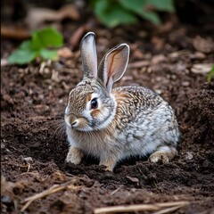 Close-up Shot of a Cautious Grey Rabbit Sitting Alert in Its Natural Habitat of Soil, Plants, and Vegetation. The Small Furry Mammal is Keeping a Watchful Eye on Its Surroundings in the Peaceful.