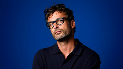 Obraz premium Man in glasses against a blue background. Studio portrait. Possible use for fashion, eyewear catalogs