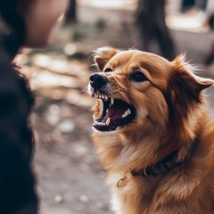 Close-up Snarl of an Aggressive, Fierce Canine in a Natural Outdoor Setting. Angry, Growling, Barking Dog Portrayed as a Protective, Untamed Predator.