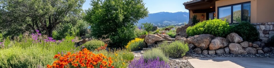 Colorful Flower Garden With Stone Pathway And Building