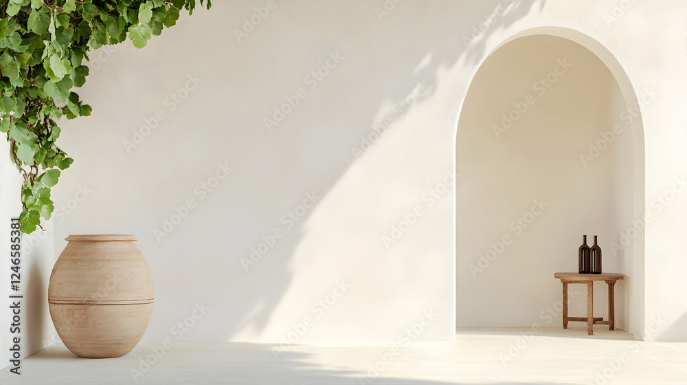 Wall mural Minimalist white archway patio with terracotta planter and bottles. Possible use for home decor magazines or catalogs