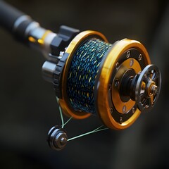 Close-up view of a fishing reel featuring a vibrant color palette and an intricate mechanical design, capturing the essence of the sport of fishing and the precision engineering involved.