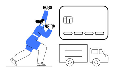 Woman lifting dumbbells in exercise pose, large credit card icon, delivery truck image. Ideal for fitness, finance, e-commerce, online shopping, healthy lifestyle logistics delivery themes. Line