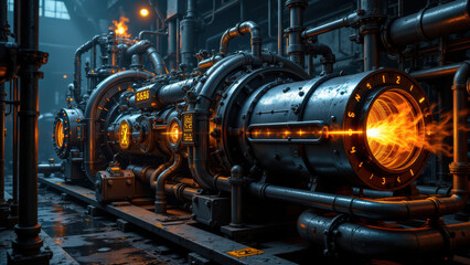 Industrial machinery with sparks at a factory.