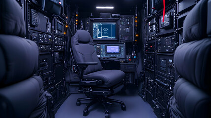 Mobile command center interior; operator chair; nighttime; technology equipment; emergency response