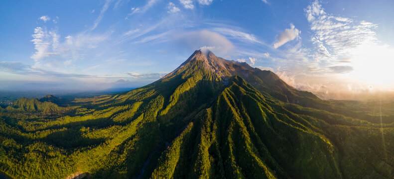 Aerial Panorama of Mount Merapi Volcano in Golden Morning Light, Java, Indonesia