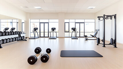 Modern gym interior with exercise equipment and large windows. Possible use for fitness center promotion