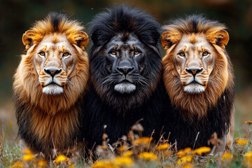Three lions stand next to each other, one of which is black. A symbol of exclusivity and uniqueness. Protection and power.