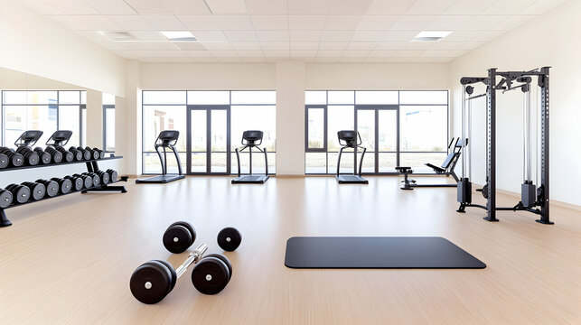 Modern gym interior with exercise equipment and large windows. Possible use for fitness center promotion