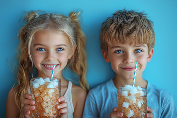Smiling boy and girl holding glasses with a drink and a straw. There are sugar cubes in the glass. A summer refreshing drink. The danger of tooth decay, obesity or diabetes.