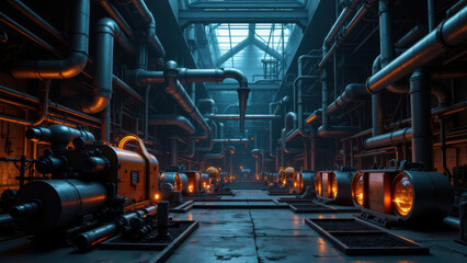 Fototapeta premium Industrial setting with machinery and pipes.