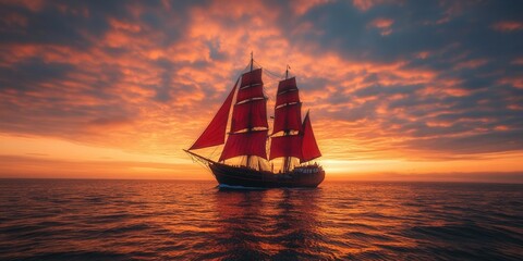 Obraz premium Sailing yacht with scarlet sails at sunset, maritime landscape, luxury vacation, yachting, travel romance, azure sea, water adventures, lifestyle, dream yacht, ocean travel