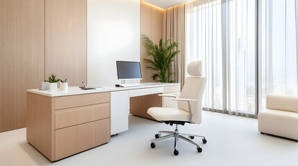 Modern minimalist office interior with computer, chair, and city view. Ideal for presentations or showcasing design