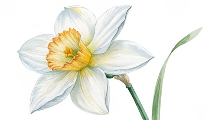 Obraz premium Delicate white daffodil watercolor painting with soft yellow center and green stem on white background