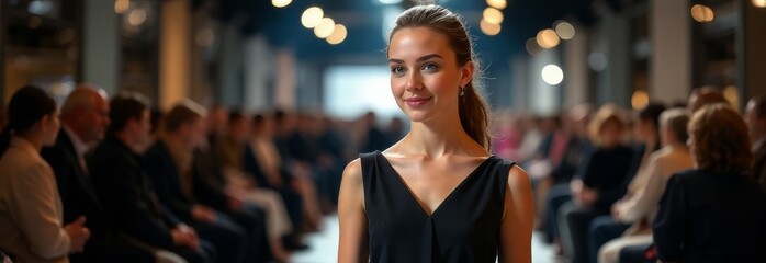 Fototapeta premium Stylish girl on the catwalk. Fashion week. Black dress