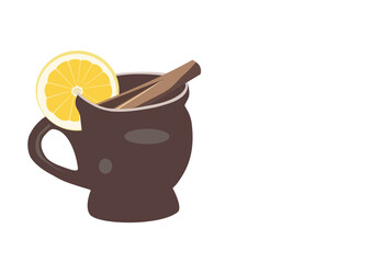 Mulled wine with cinnamon and lemon on white background. 