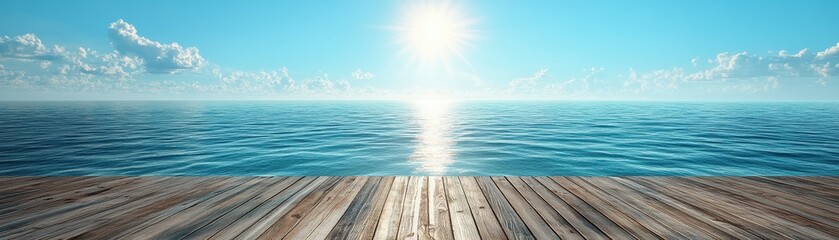 Serene Ocean View from Wooden Pier Under Bright Sunlight with Clear Blue Skies and Fluffy Clouds on a Tranquil Summer Day