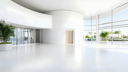 Obraz premium Modern white lobby with large windows overlooking a city landscape. Use Interior design, architectural photography