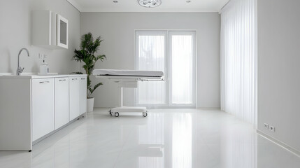 Modern, white medical room, examination table, bright, spacious, health care setting, ideal for interior design, or clinic promotion