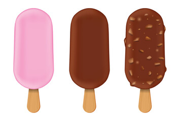 Set illustration of three ice cream bars arranged in a row. The first bar is coated in pink glaze, the second in smooth chocolate, and the third in chocolate with nut pieces. Each ice cream bar is on