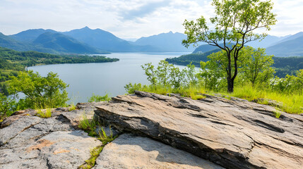 Mountain lake view from rocky outcrop.  Possible use stock photo for travel brochure