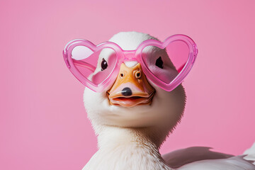Fototapeta premium closeup photo of a stylish duck wearing oversized pink heart-shaped sunglasses. expression is calm and confident, exuding a playful and trendy vibe. The background is a solid pastel pink 