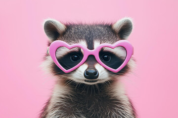 Fototapeta premium closeup photo of a stylish raccoon wearing oversized pink heart-shaped sunglasses. expression is calm and confident, exuding a playful and trendy vibe. The background is a solid pastel pink 