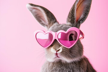 Fototapeta premium closeup photo of a stylish rabbit wearing oversized pink heart-shaped sunglasses. expression is calm and confident, exuding a playful and trendy vibe. The background is a solid pastel pin 