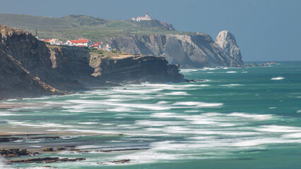Cabo da Roca western point of Europe in Portugal at Atlantic Ocean aerial timelapse view to...