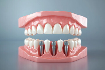 Obraz premium Dental implants displayed in a model of a human jaw demonstrating oral health and restoration procedures