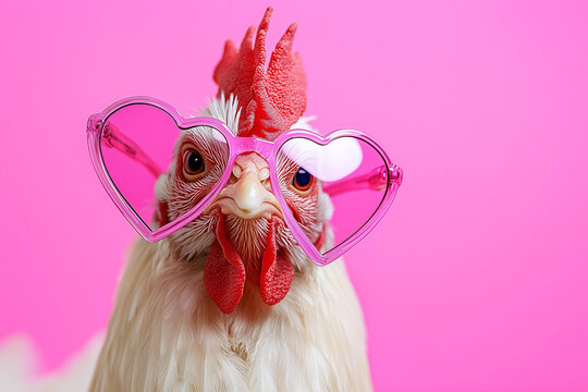 closeup photo of a stylish chicken wearing oversized pink heart-shaped sunglasses. expression is calm and confident, exuding a playful and trendy vibe. The background is a solid pastel pink 