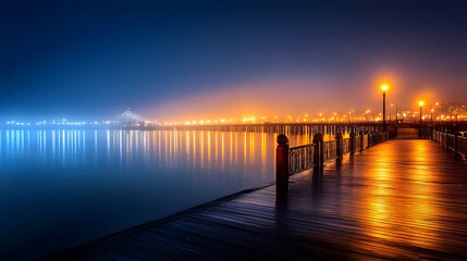 Obraz premium Night boardwalk over water, city lights reflected, tranquil scene. Possible use Stock photo for travel, nature, or tranquility advertising