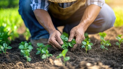Farmer Working in the Field: Cultivating Young Plants