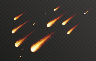 Vector meteor shower PNG. Streaking comets on a transparent background. Celestial starfall.