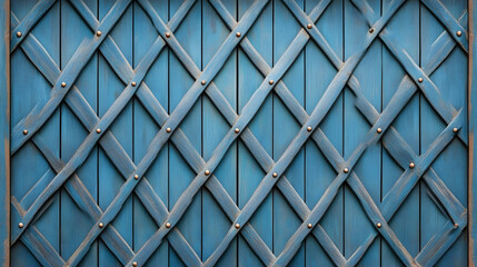 Ornate Blue Wooden Door Panel with Metal Cross-Bracing. Possible Use Stock Photo