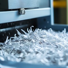 Closeup view of shredded paper flowing out of a office document shredder machine.