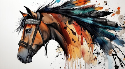 Majestic horse with Indian headband and blue feathers, watercolor splashes and ink drips on white background. Artistic clip art sticker design with detailed vector graphics and vibrant colors.