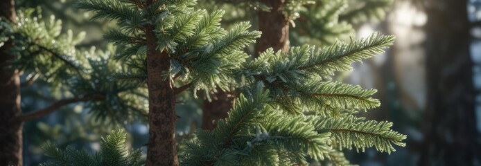 Obraz premium Soft morning light illuminates an evergreen tree with delicate frosty details, frosty, soft light, tree