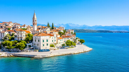 Picturesque coastal town with church steeple, waterfront walkway, and mountains in background. Perfect for travel or tourism promotion