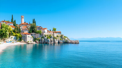 Picturesque coastal village nestled on a cliff overlooking a turquoise sea. Possible use for travel brochures or postcards