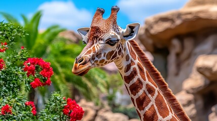 Obraz premium Young Giraffe Portrait Near Red Flowers and Rocks